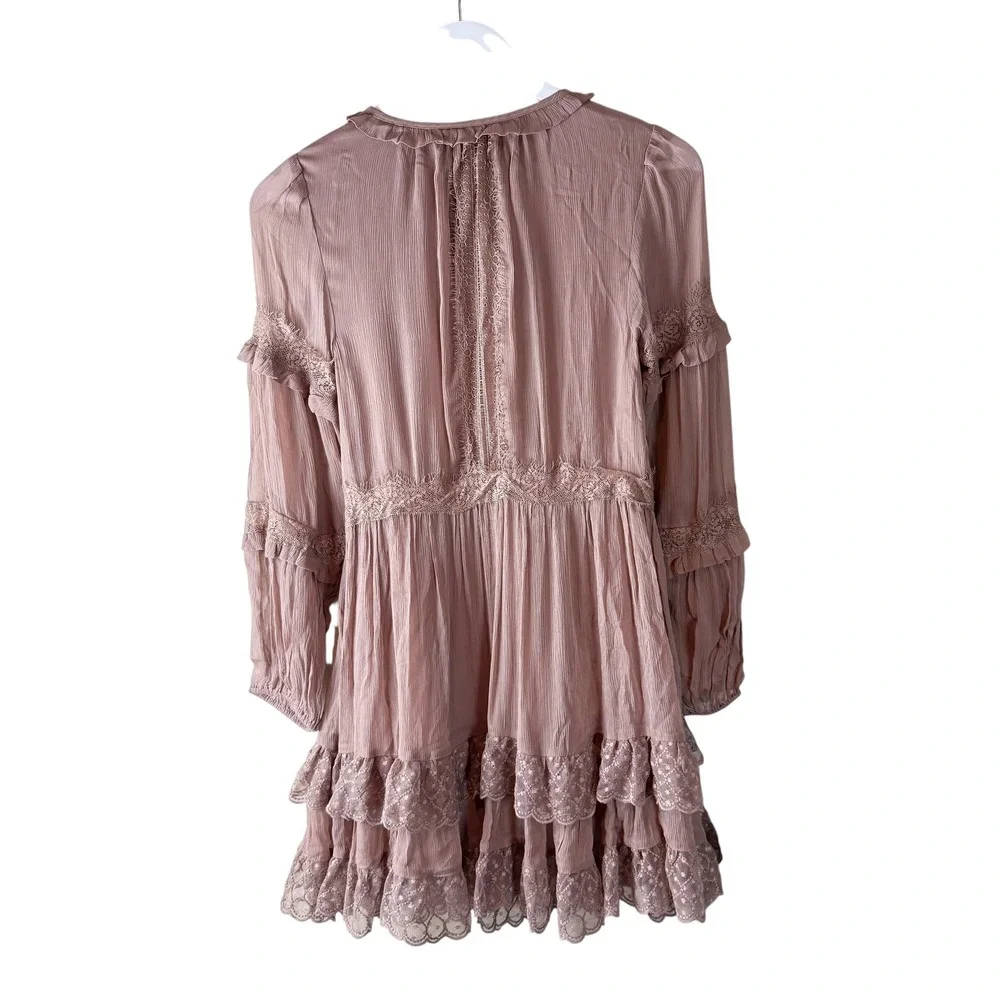 By Anthropologie Lace Pleated Mini Dress Long Sleeve Tiered Brown‎ Dress Sz XS